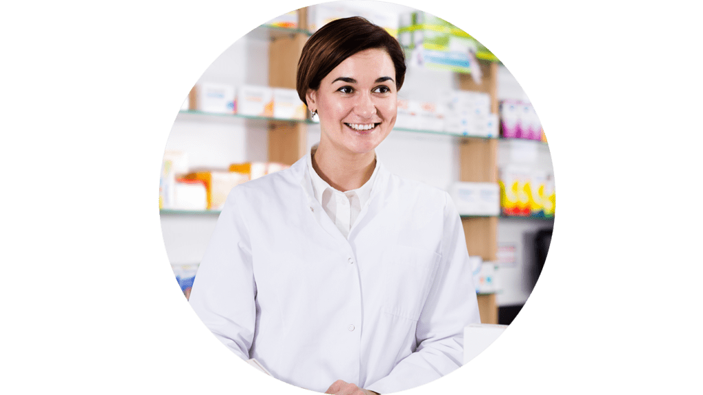 Female pharmacist look to right of camera. 