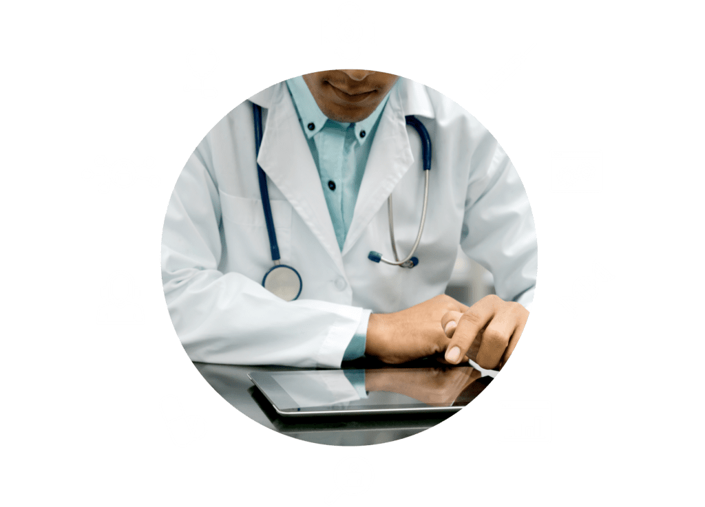 male doctor using medication management software on tablet